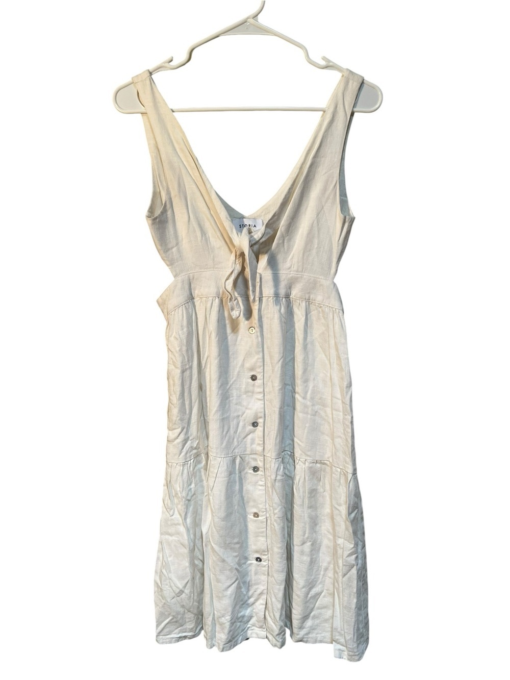 Storia Women's Size Medium Sleeveless Midi Dress White V-Neck Cutout Button Fron